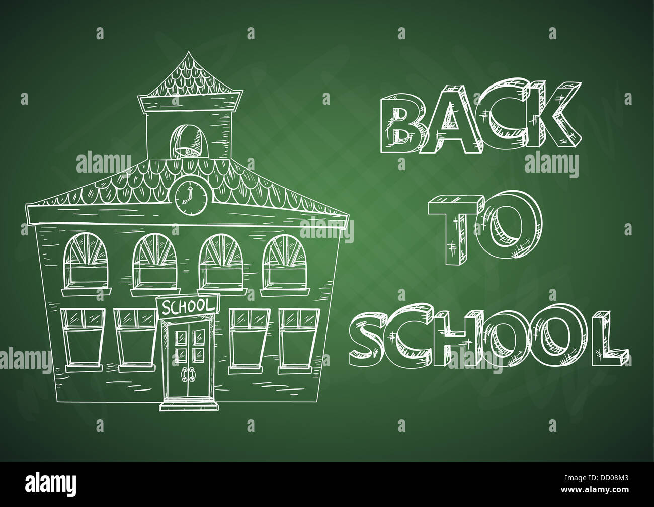 Back to school green chalkboard with school building. Vector layered ...