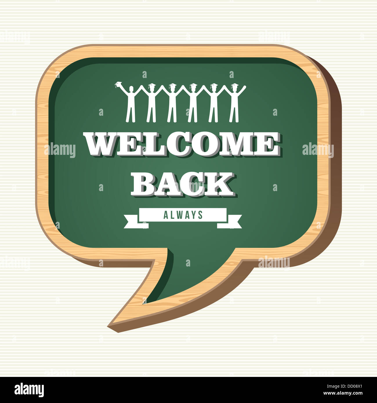Back to school social media speech bubble wood chalkboard, people icons illustration. Vector file layered for easy personalization. Stock Photo