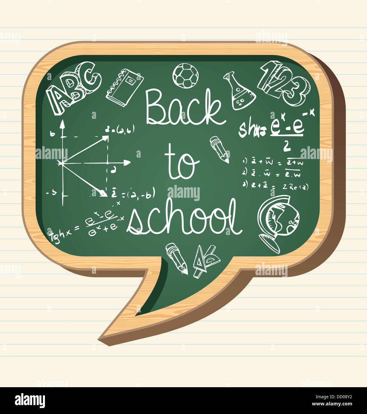 Back to school wooden chalkboard social media speech bubble icon, education elements illustration. Stock Photo