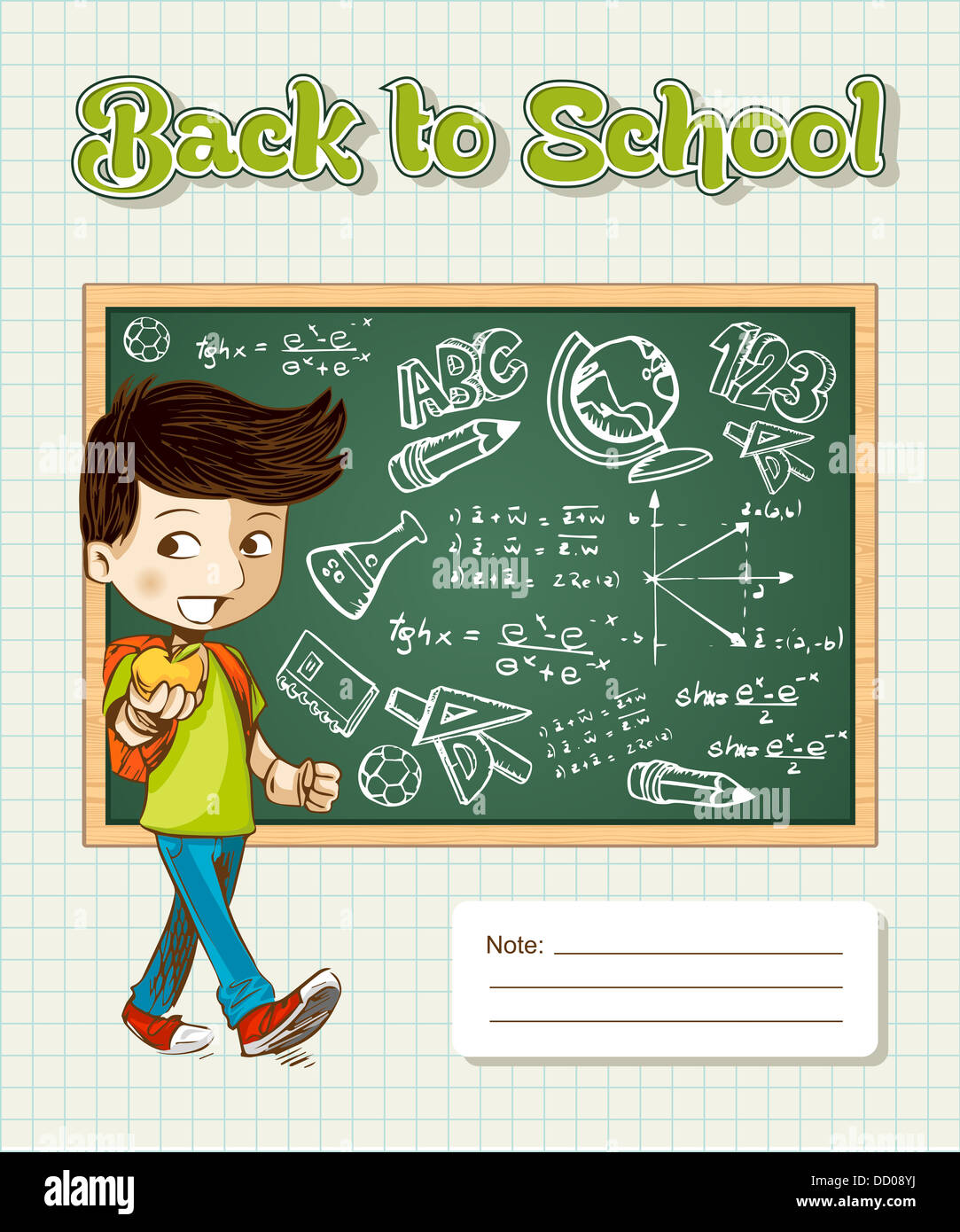 Education cartoon boy walk back to school, chalkboard grid sheet background. Vector file layered for easy personalization. Stock Photo