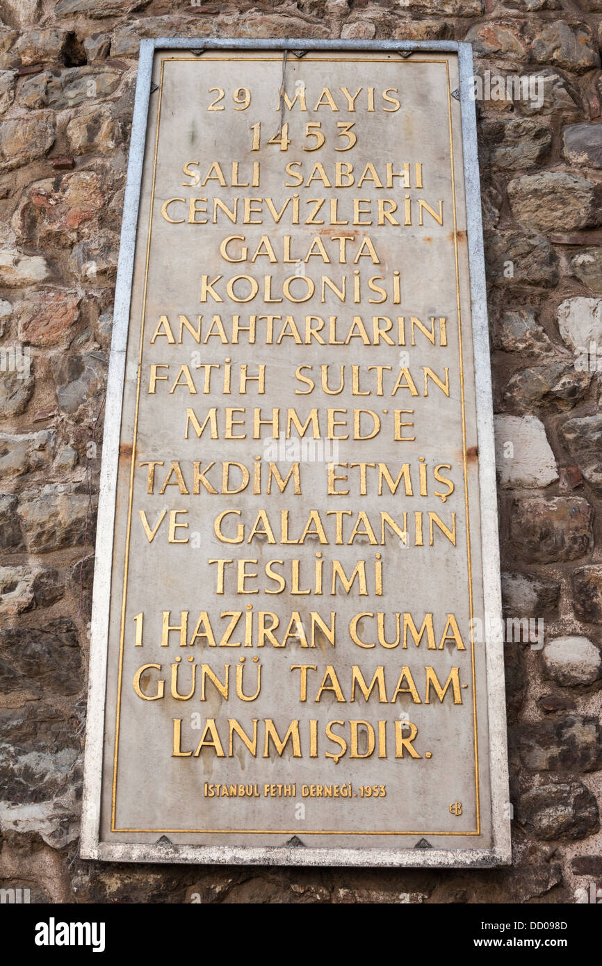 Sign on the exterior wall of the Galata Tower, Istanbul, Turkey Stock ...
