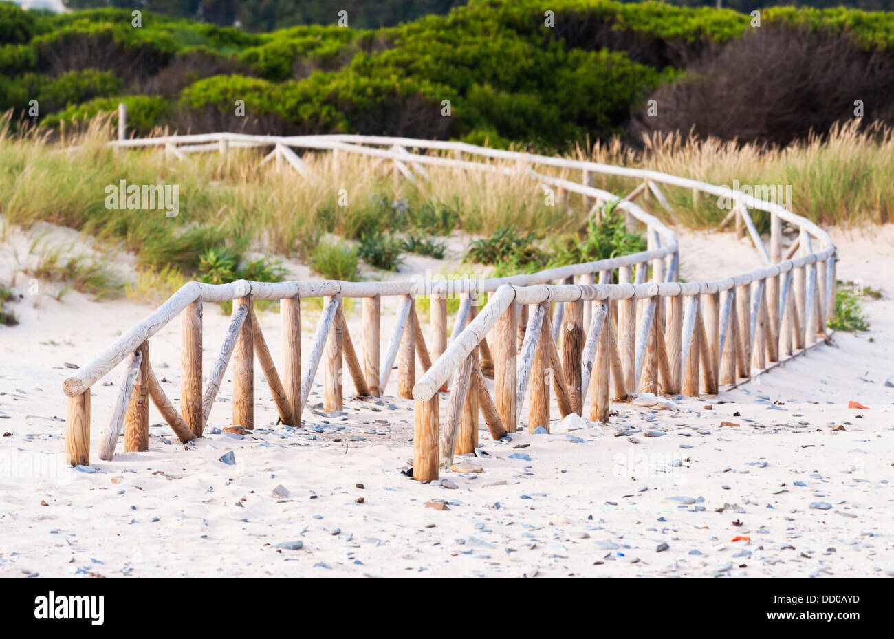 A Wooden Fence On Los Lances Beach; Tarifa, Cadiz, Andalusia, Spain Stock Photo