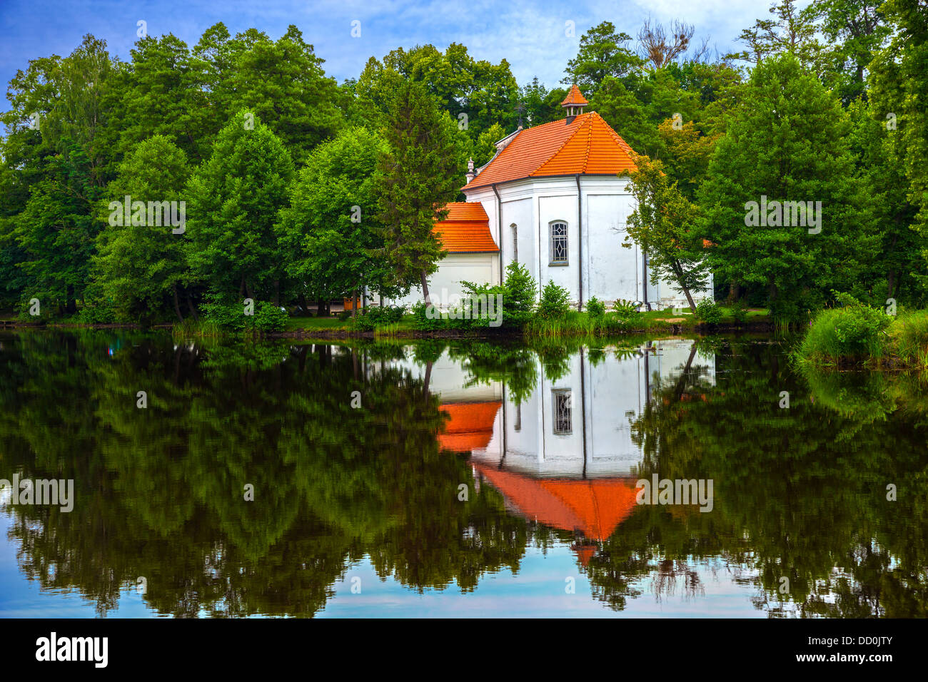 Church on the water in Zwierzyniec, Poland. Stock Photo