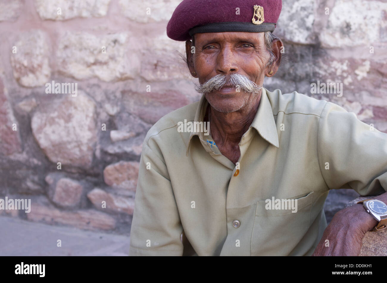 Fort Guard with beret and mustache at Meherangarh Fort - Jodhpur, Rajashtan, India Stock Photo