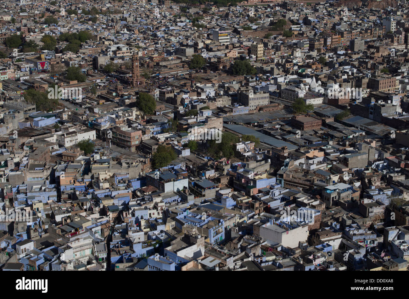 Aerial view of The blue city Jodhpur, Rajashtan, India. Sardar Market clock tower top left of image. Stock Photo