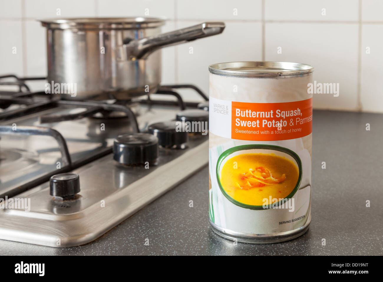 Tinned food. Marks & Spencer own label Butternut Squash, Sweet Potato and Parmesan soup in a tin Stock Photo