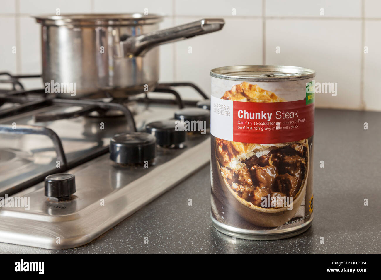 Own brand canned food. Can of Marks & Spencer Chunky Steak. Beef chunks