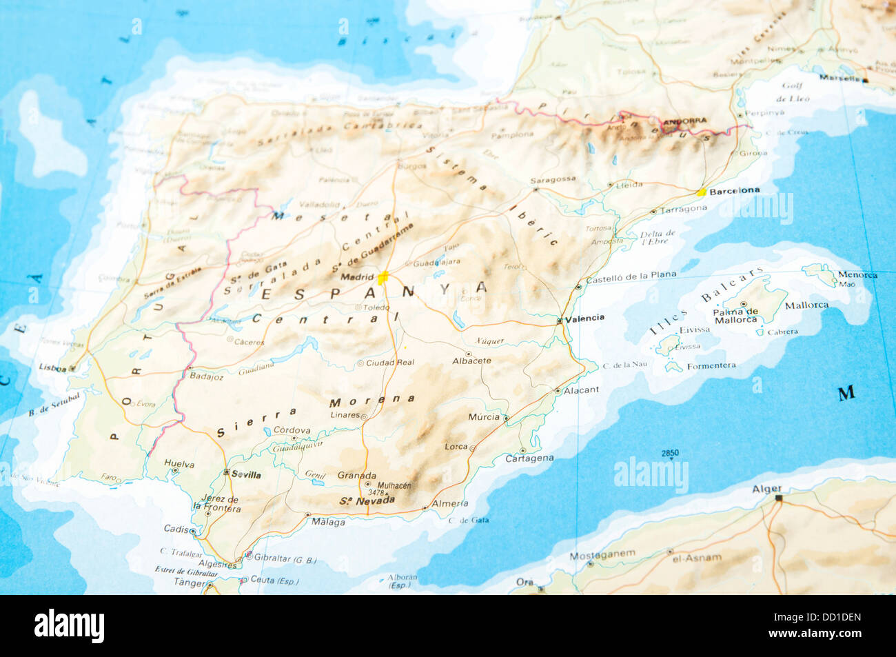 Spain map which shows land relief and the sea Stock Photo