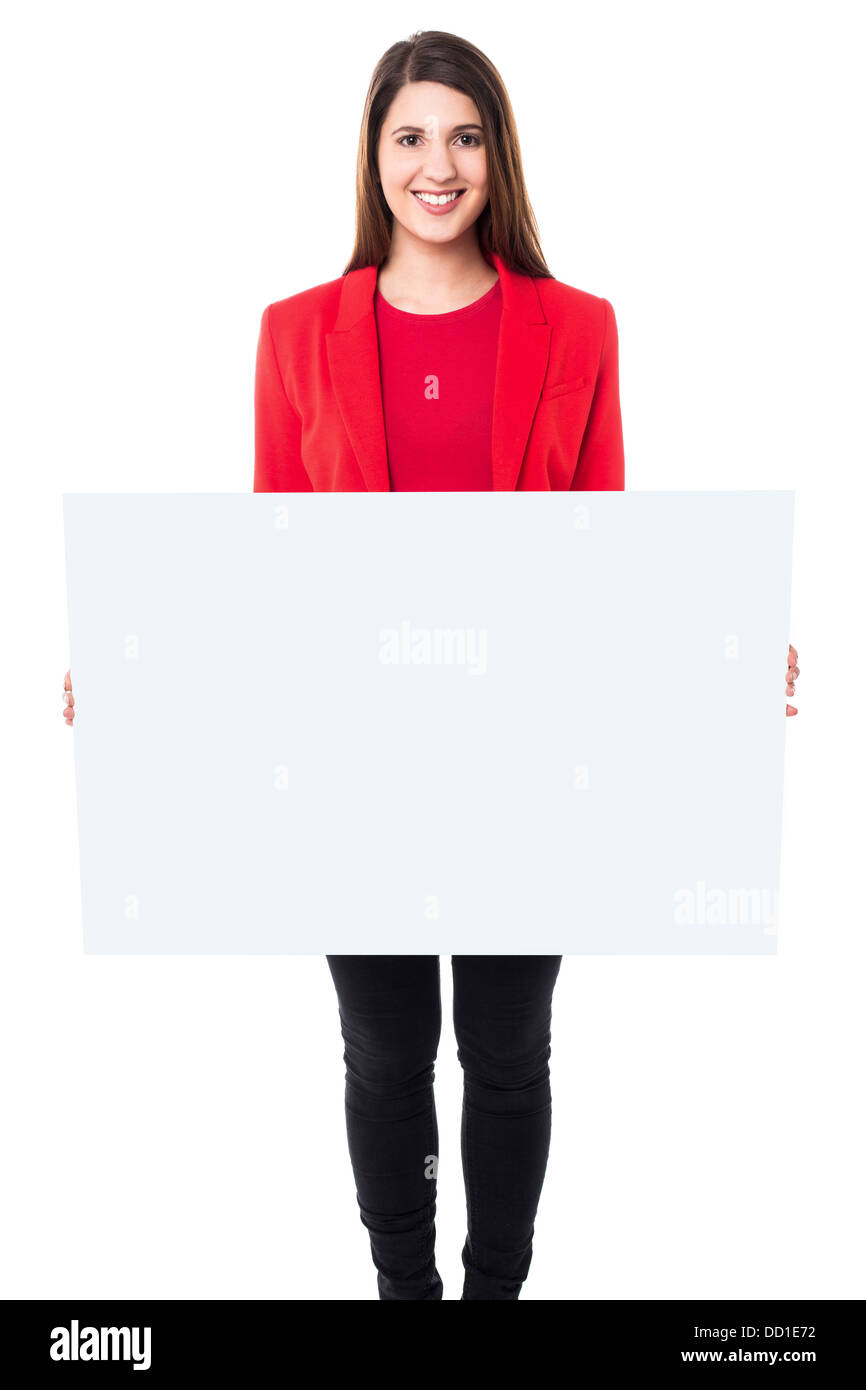 Pretty young girl holding blank banner ad Stock Photo - Alamy