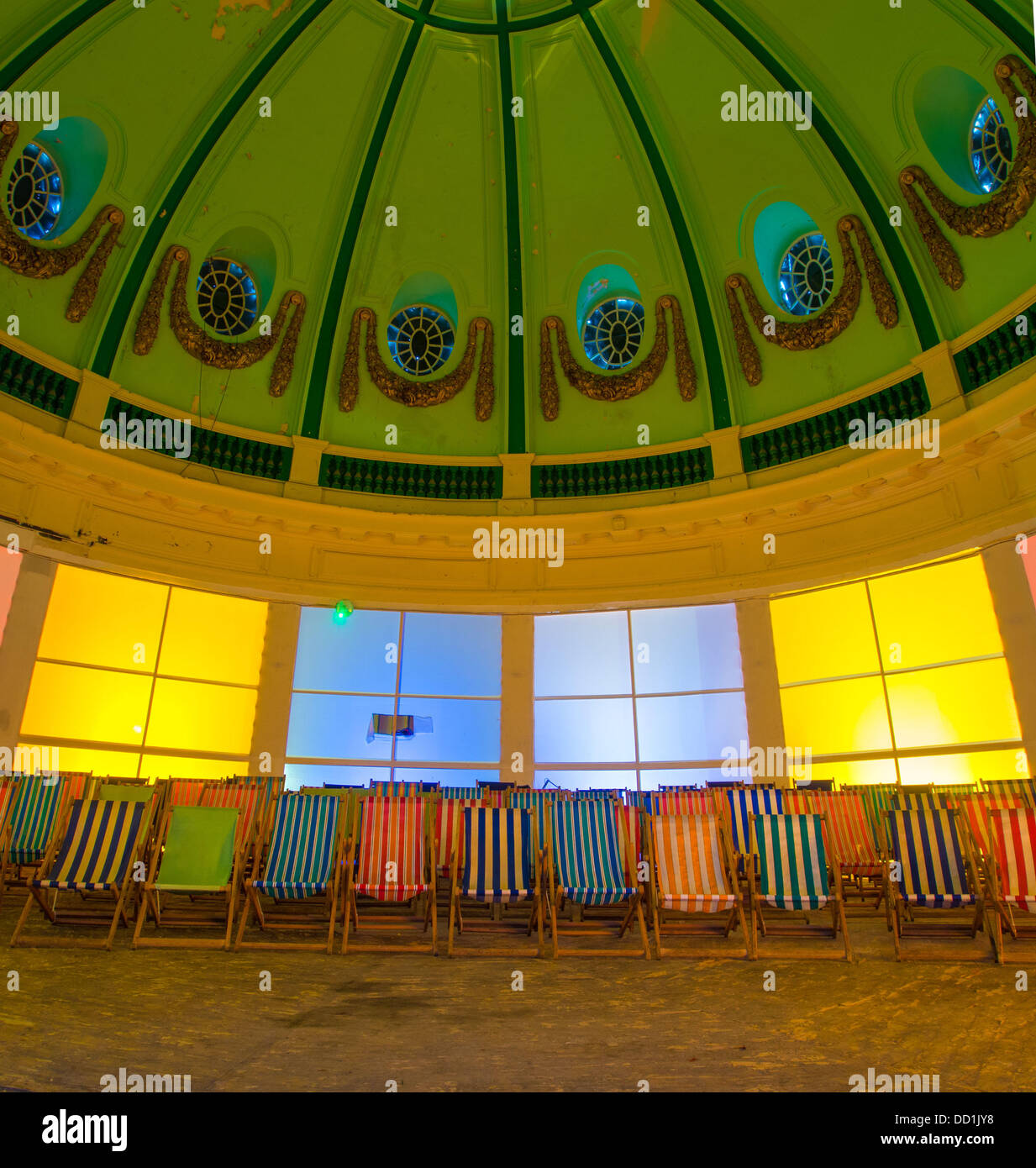 Whitley Bay, UK. 22nd Aug, 2013. Whitley Bay Film Festival 2013 transform the interior of The Spanish City Dome at Whitley Bay into a multiplex cinemna with deckchairs as seats. Events run until 5th September 2013. Credit:  Bailey-Cooper Photography/Alamy Live News Stock Photo