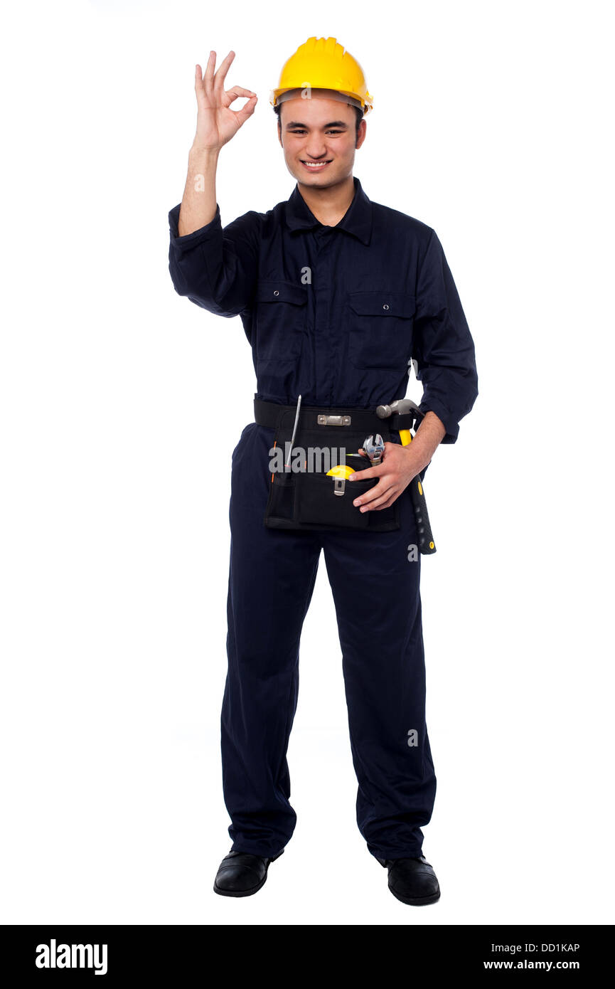 Happy Construction Worker Showing Perfect Gesture Stock Photo Alamy