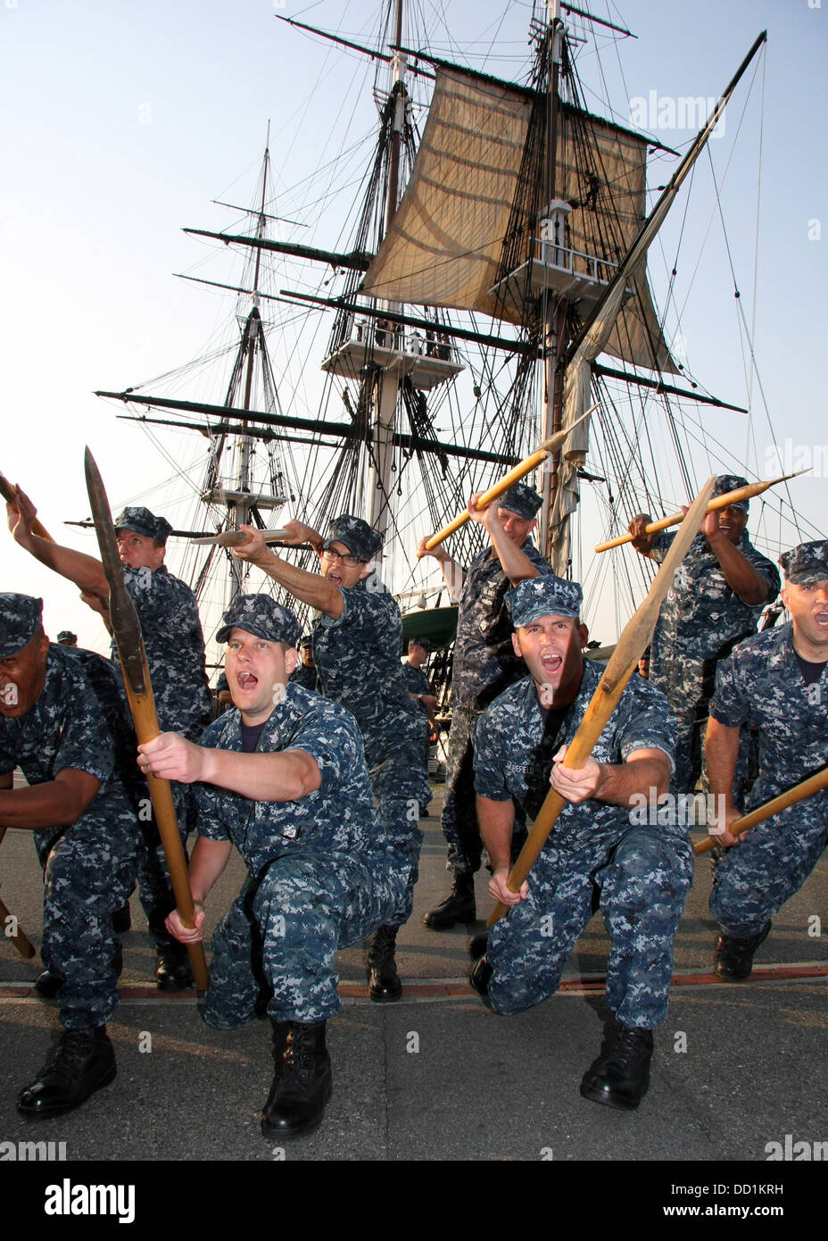 Chief petty officer selectees participate in a boarding pike drill near the USS Constitution