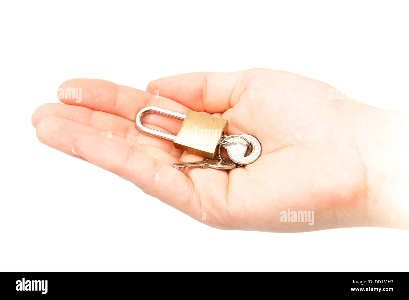 hand with lock and keys on a white background Stock Photo Alamy