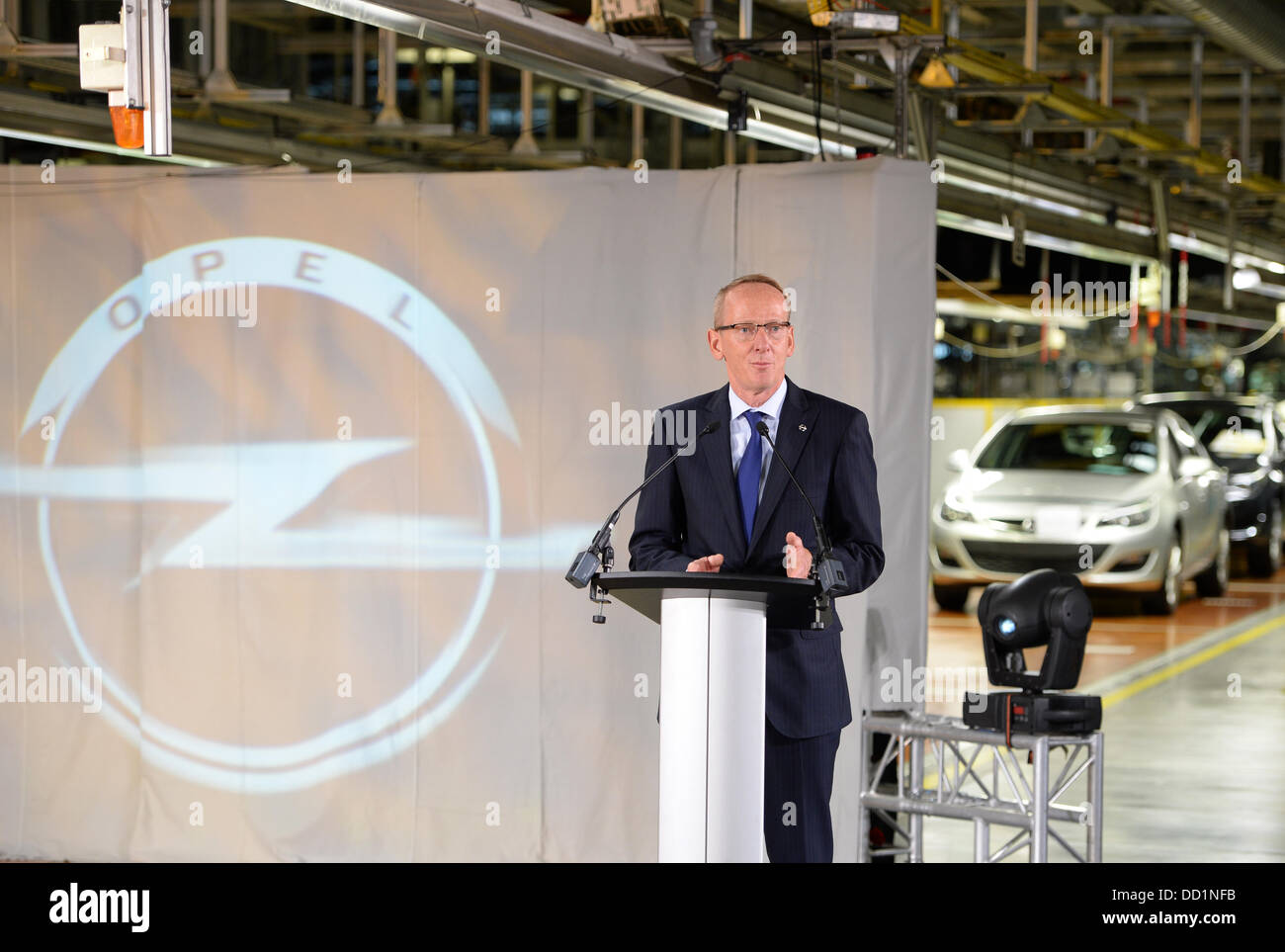 Ruesselsheim, Germany. 22nd Aug, 2013. Karl-Thomas Neumann, chairman of the Adam Opel AG, gives a speech during the presentation of the new Opel Insignia in the Opel parent plant in Ruesselsheim, Germany, 22 August 2013. The car builder overhauled its almost five-year-old flagship car. Photo: ARNE DEDERT/dpa/Alamy Live News Stock Photo
