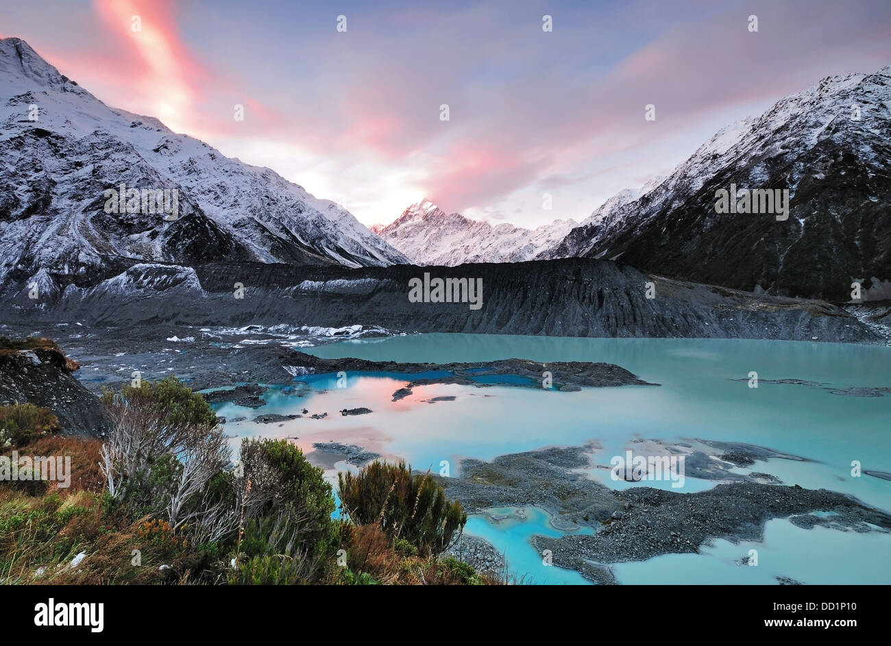 Sunset at Mueller Glacier Aoraki Mt Cook National Park, South Island, New Zealand Stock Photo