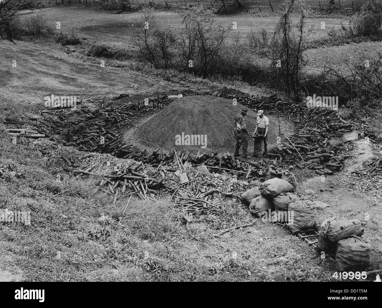 A charcoal pit is depicted, showcasing a method of charcoal production ...