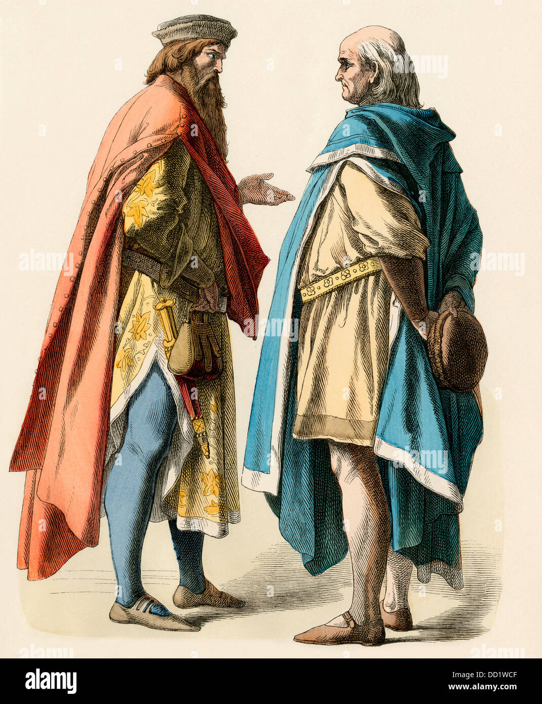 German nobleman and a middle-class citizen, 1300s. Hand-colored print Stock Photo