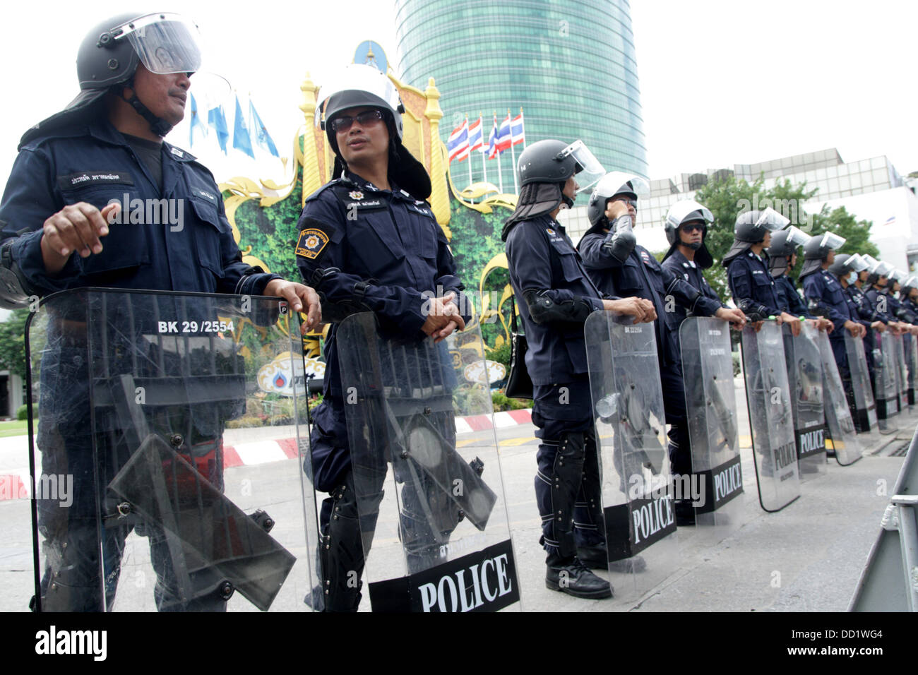Bangkok, Thailand. 23rd August 2013. Thai Riot policeman stand guard