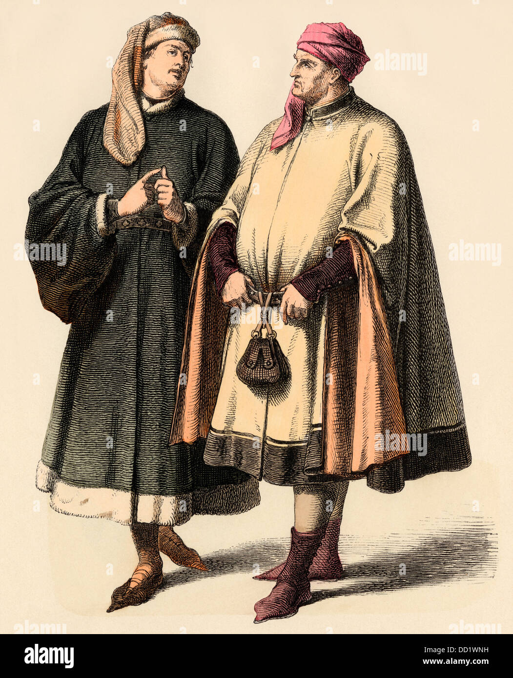 German patricians of the 14th century. Hand-colored print Stock Photo