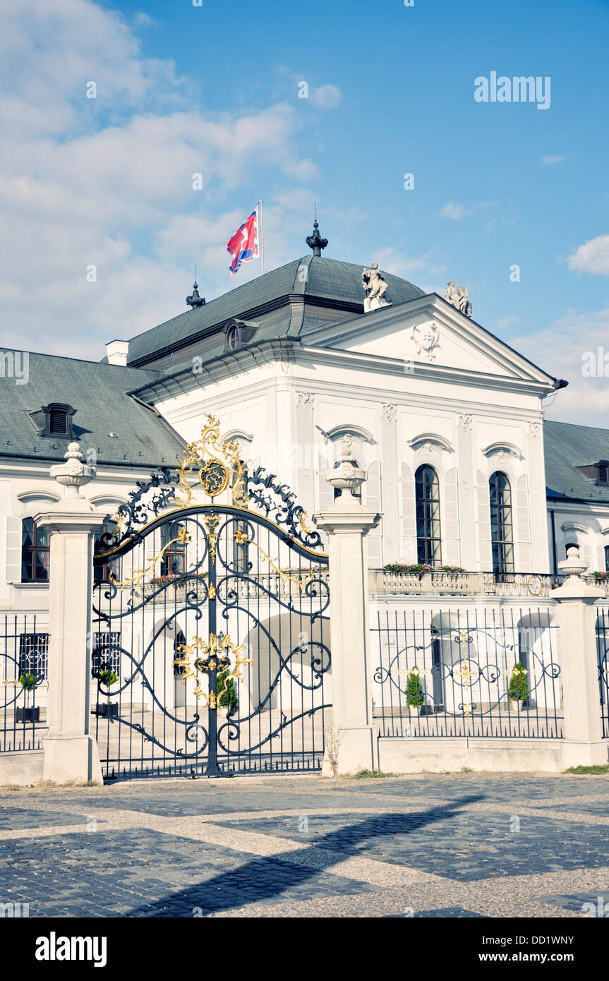 Grassalkovich Palace, Slovakia, Bratislava, Baroque facade with Slovakian flag Stock Photo