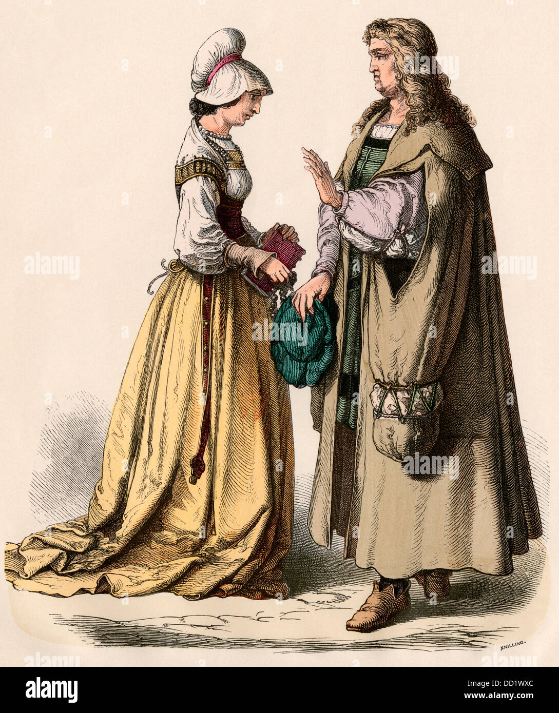 German scholar and a woman with a book, 1500s. Hand-colored print Stock Photo