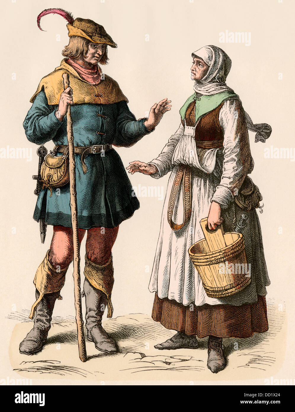 German farmer and his wife, 1500s. Hand-colored print Stock Photo