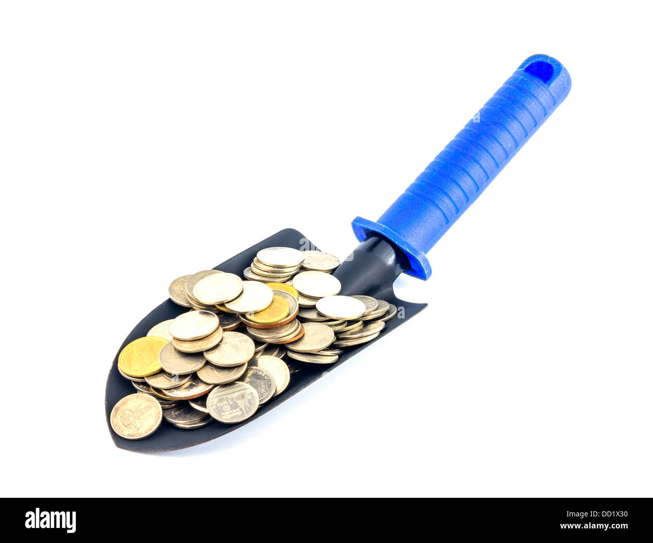 Save money,Money in trowel on white background. Stock Photo