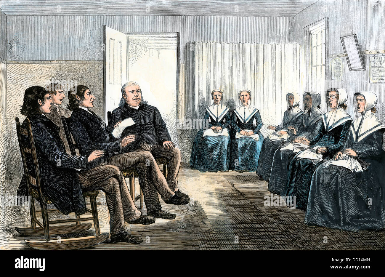 Shakers at a singing meeting, Lebanon, New York, 1870s. Hand-colored woodcut Stock Photo