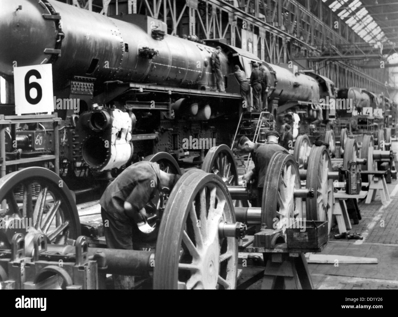 View of the production of a war locomotive series 52 at  the Berliner Maschinenbau AG in Wildau, Germany, in August 1943. The construction of a locomotive well-suited for the employment in war should ensure adequate supplying of the territories in the East occupied by the German Wehrmacht. Photo: Bildarchiv der Eisenbahnstiftung/RVM (minimum fee 60 euros) Stock Photo