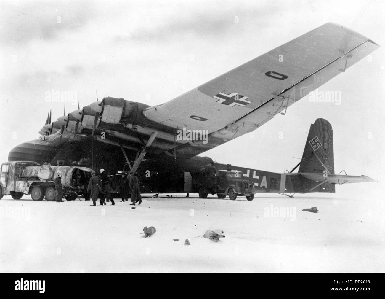 The transport aircraft Me 323 with a giant cargo hold produced by Messerschmitt AG and photographed in November 1943. Place unknown. The Nazi Propaganda! on the back of the picture is dated 18 November 1943: 'Me 323 - the largest land-based aircraft of the world. The six-engined Messerschmitt transport aircraft called 'Gigant' (giant) that can carry fully loaded trucks. - Me 323 is prepared for take-off.' Fotoarchiv für Zeitgeschichte Stock Photo