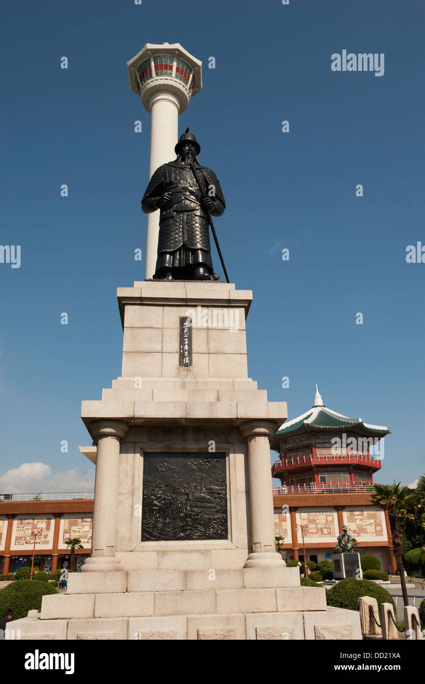 Busan Tower And Statue Of Admiral Yi SunSin In Yongdusan Park; Busan Korea Stock Photo Alamy