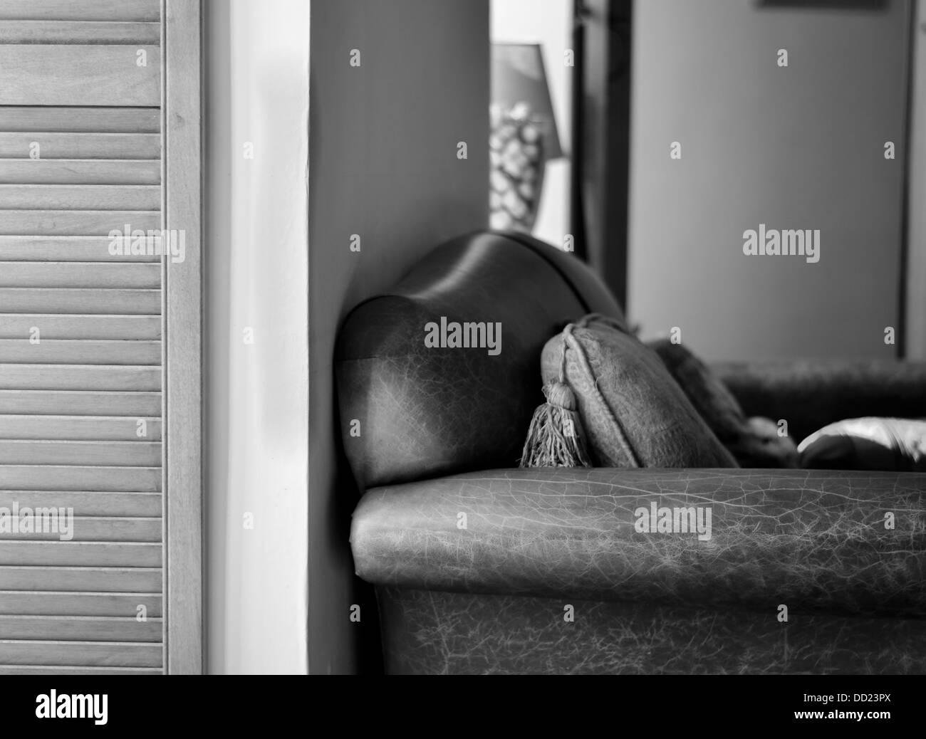 A Black and White Picture of a Leather Sofa in a Living Room Stock ...