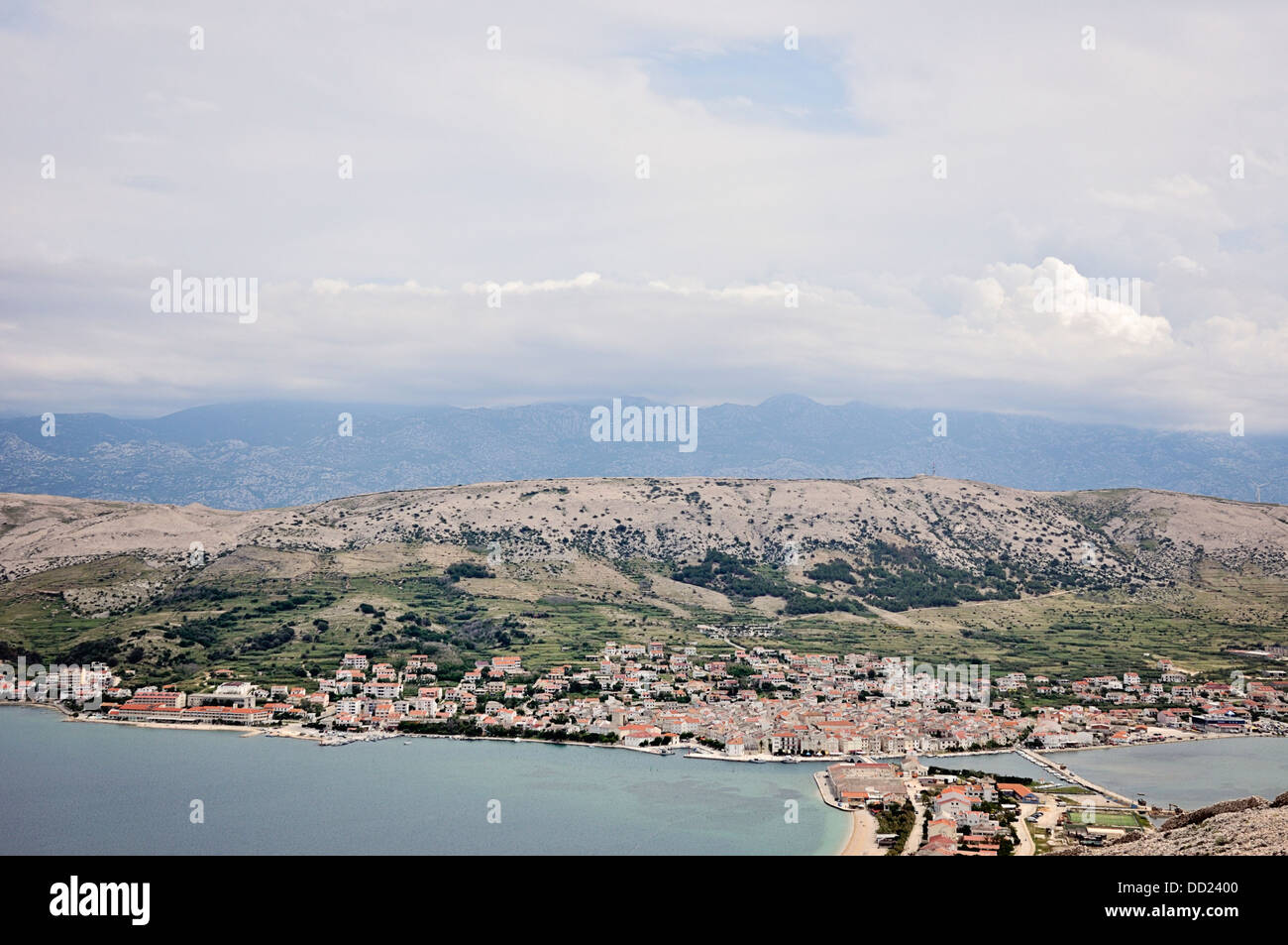 Island Pag with mountain Velebit range at the back, Pag Town, Croatia, Europe Stock Photo