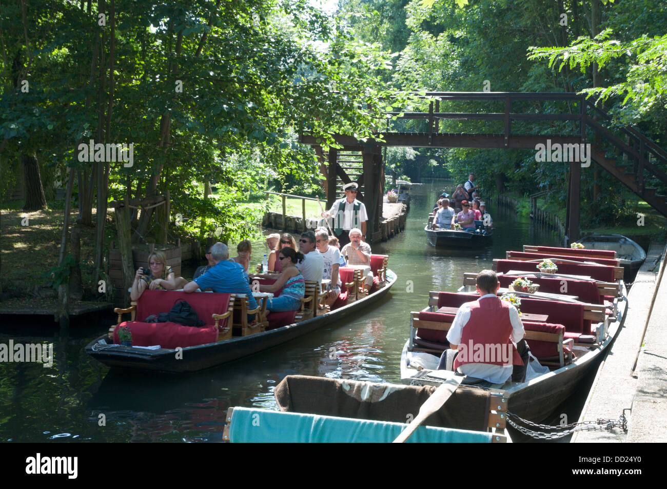 Tourist on boat trips boats in Spreewald region of Brandenburg, Germany Stock Photo