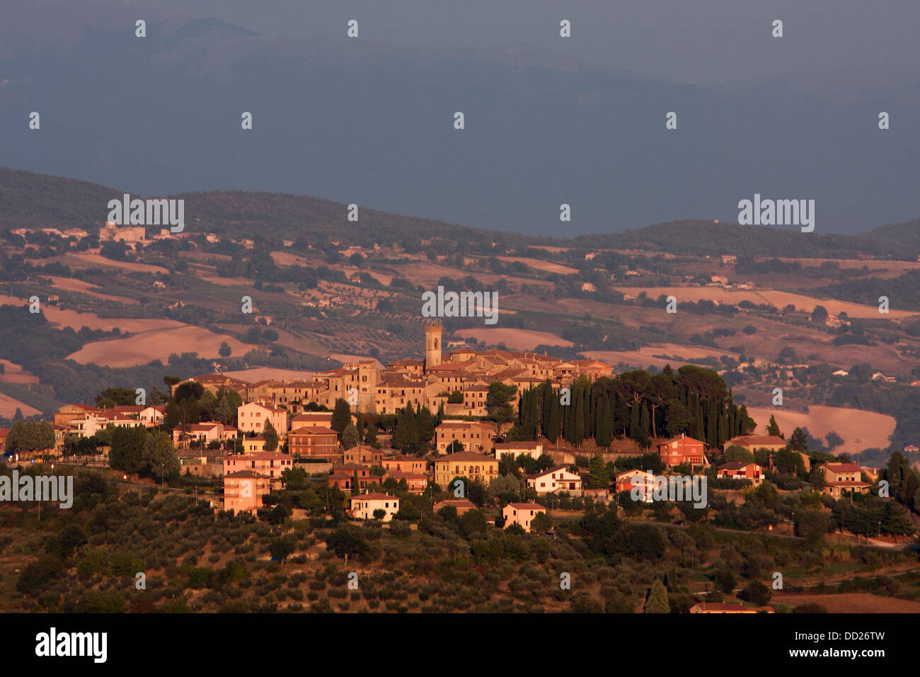 Panoramic view of medieval hilltop town of Monte Castello di Vibio at ...