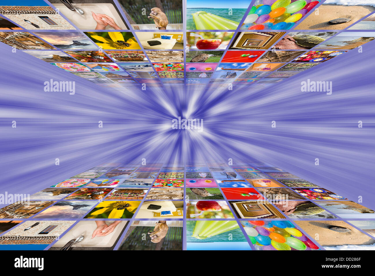 Symmetric image media concept vanishing on a blue sunburst background Stock Photo