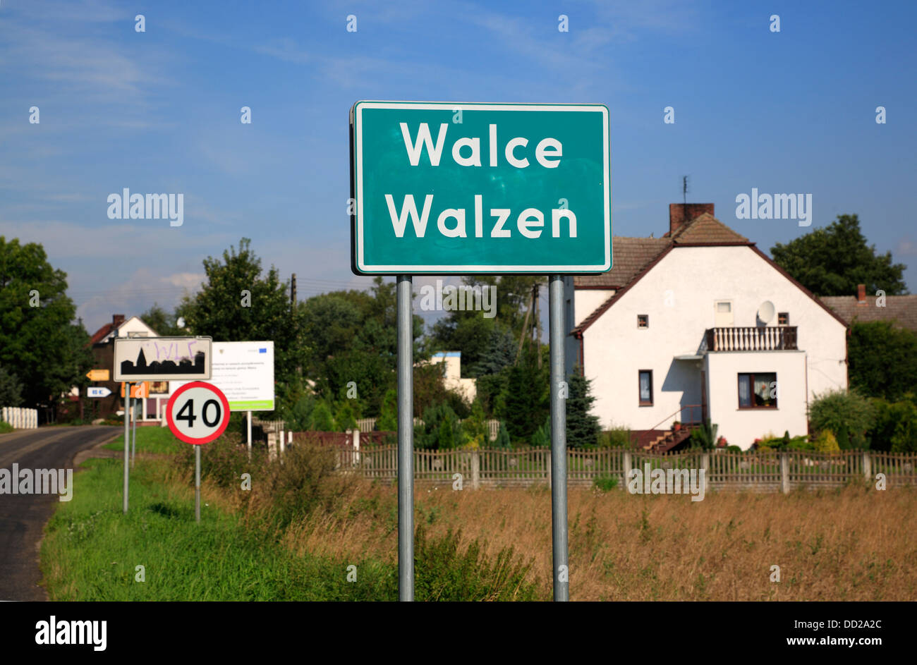 Bilingual Polish - German city sign, Walce, Opole, Silesia, Poland Stock Photo