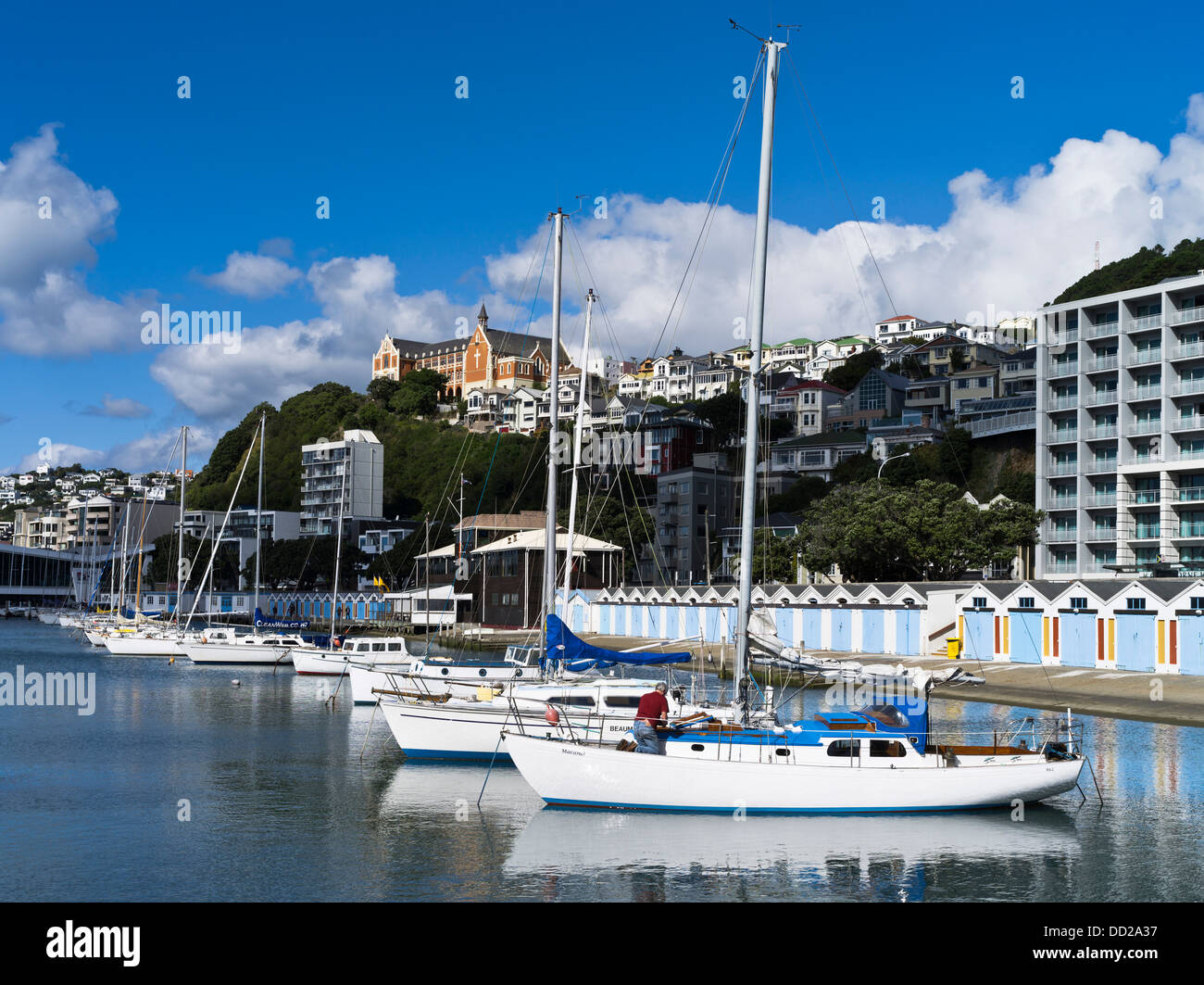 dh Lambton Harbour WELLINGTON NEW ZEALAND Boats in marina Yachts St Gerards Monastery Wellington daytime waterfront Stock Photo