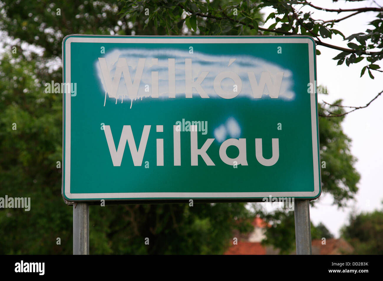 Bilingual Polish - German city sign, Wilkow, Opole, Silesia, Poland Stock Photo