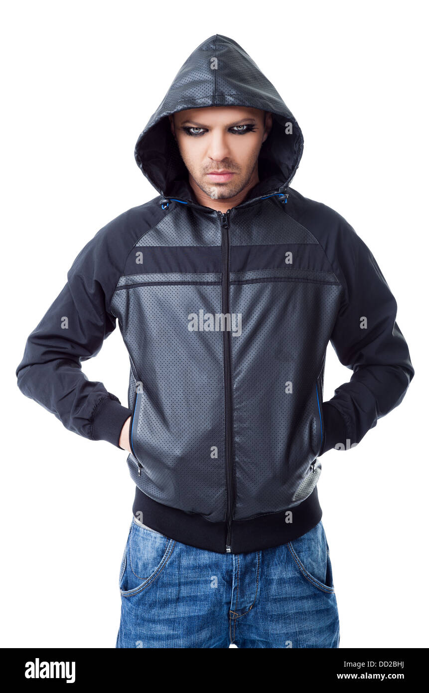 Man gangster black jacket hood pockets Stock Photo