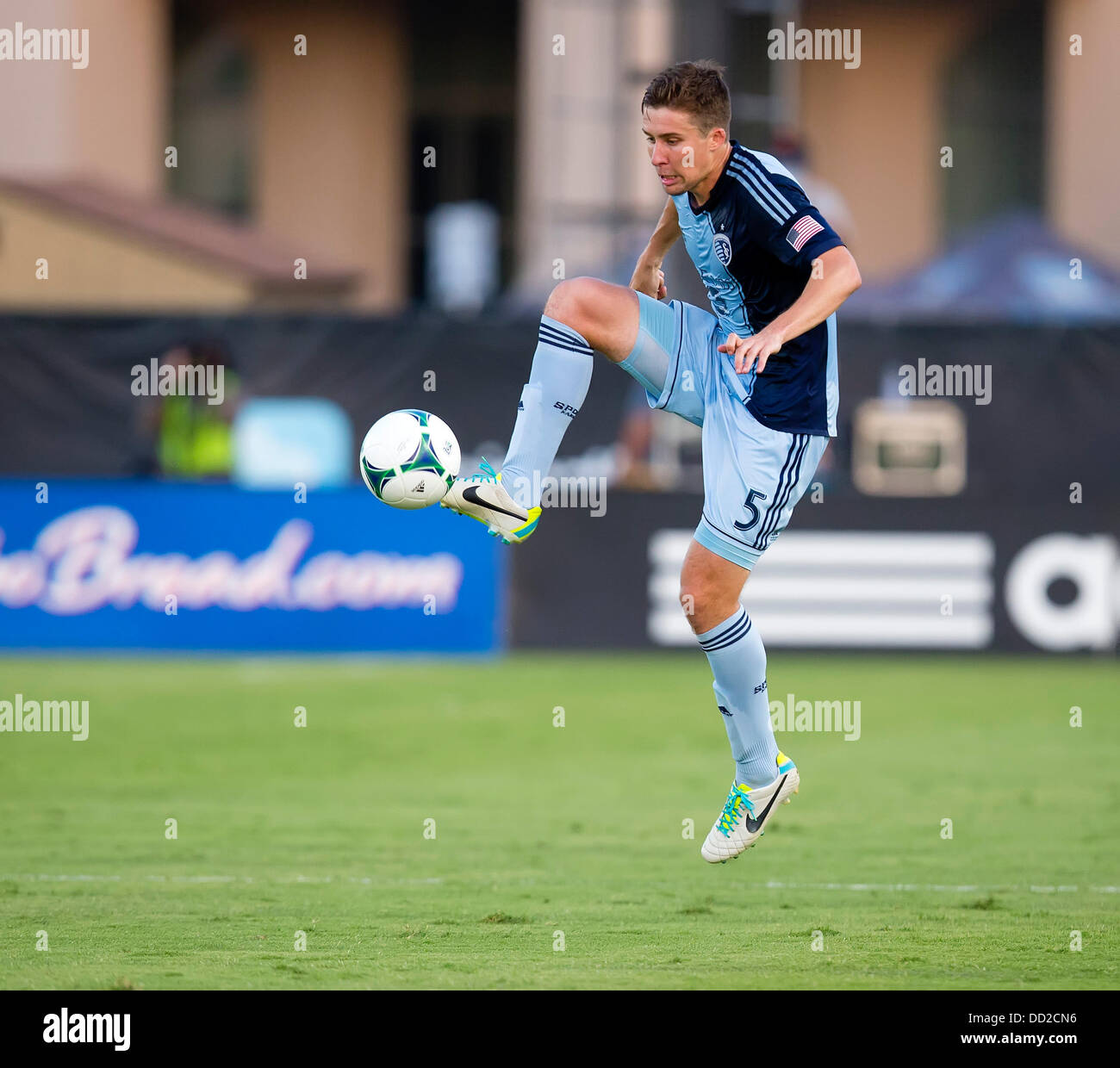 August 18, 2013: Sporting KC defender Matt Besler (5) in action during the MLS soccer game between the San Jose Earthquakes and Sporting Kansas City at Buck Shaw Stadium in Santa Clara, CA. The Earthquakes defeated Kansas City 1-0. Stock Photo