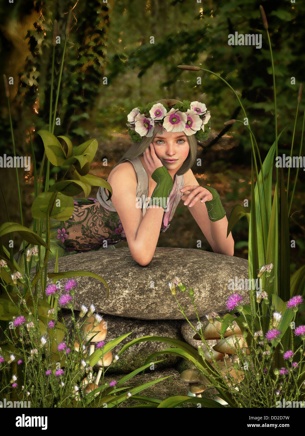 3D computer graphics of a girl with poppies in her hair Stock Photo