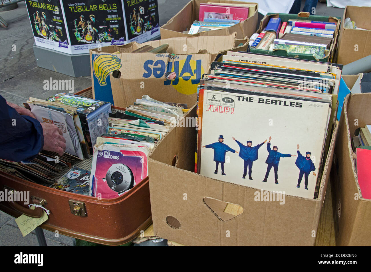 Secondhand records for sale on a stall in the Grassmarket during the annual Grassmarket Fair. Stock Photo