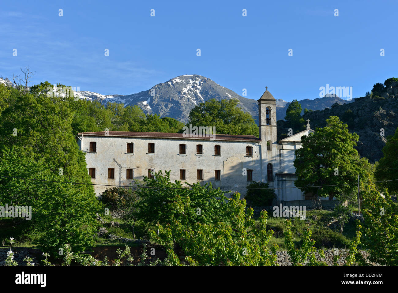 Old convent with Monte Cinto in the background, Calacuccia, Niolo Valley, Corsica, France Stock Photo
