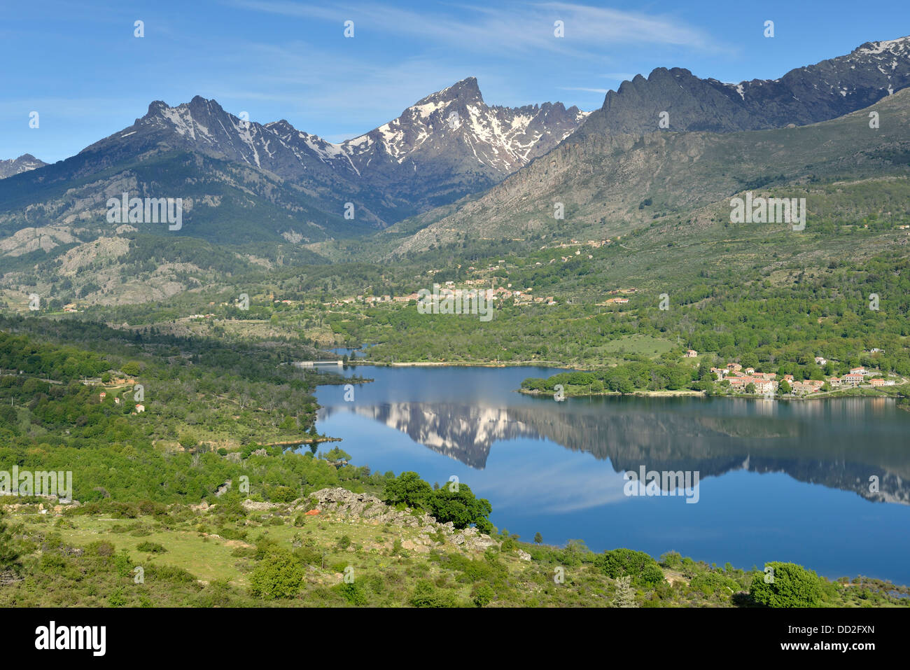Artificial reservoir in Calacuccia with Paglia Orba and Cinque Frati peaks, Niolo Valley, Central Mountains, Corsica, France Stock Photo