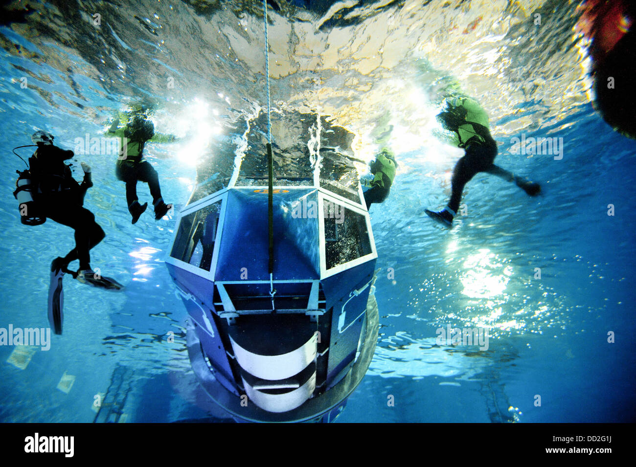 North Sea Oil offshore crew change helicopter underwater ditching and escape training in