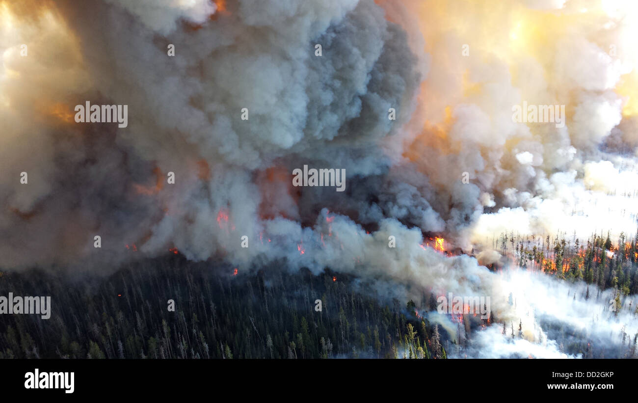 Aerial view of smoke and flames from the Druid Complex wildfire August 19, 2013 in Yellowstone National Park, MT. The wild fires started by lightening strikes have not closed the park to visitors. Stock Photo