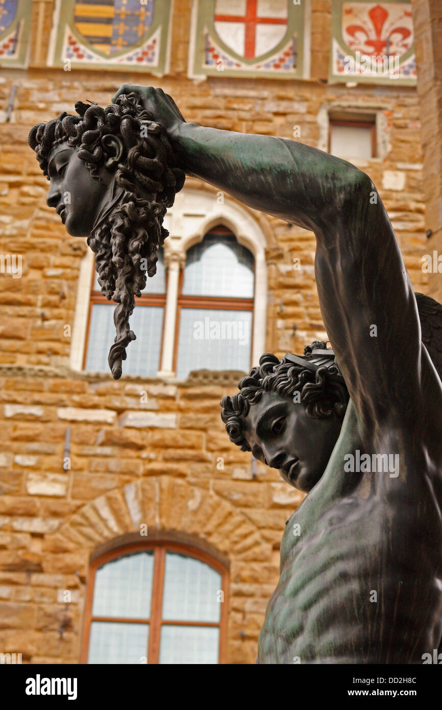 Statue Of Perseus Holding The Head Of Medusa Beside The Palazzo Vecchio; Florence, Tuscany, Italy Stock Photo