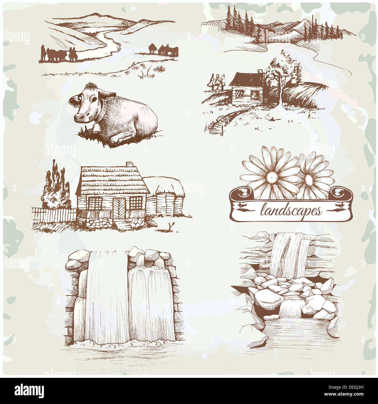 landscape, agriculture, farming, sketch drawing Stock Photo