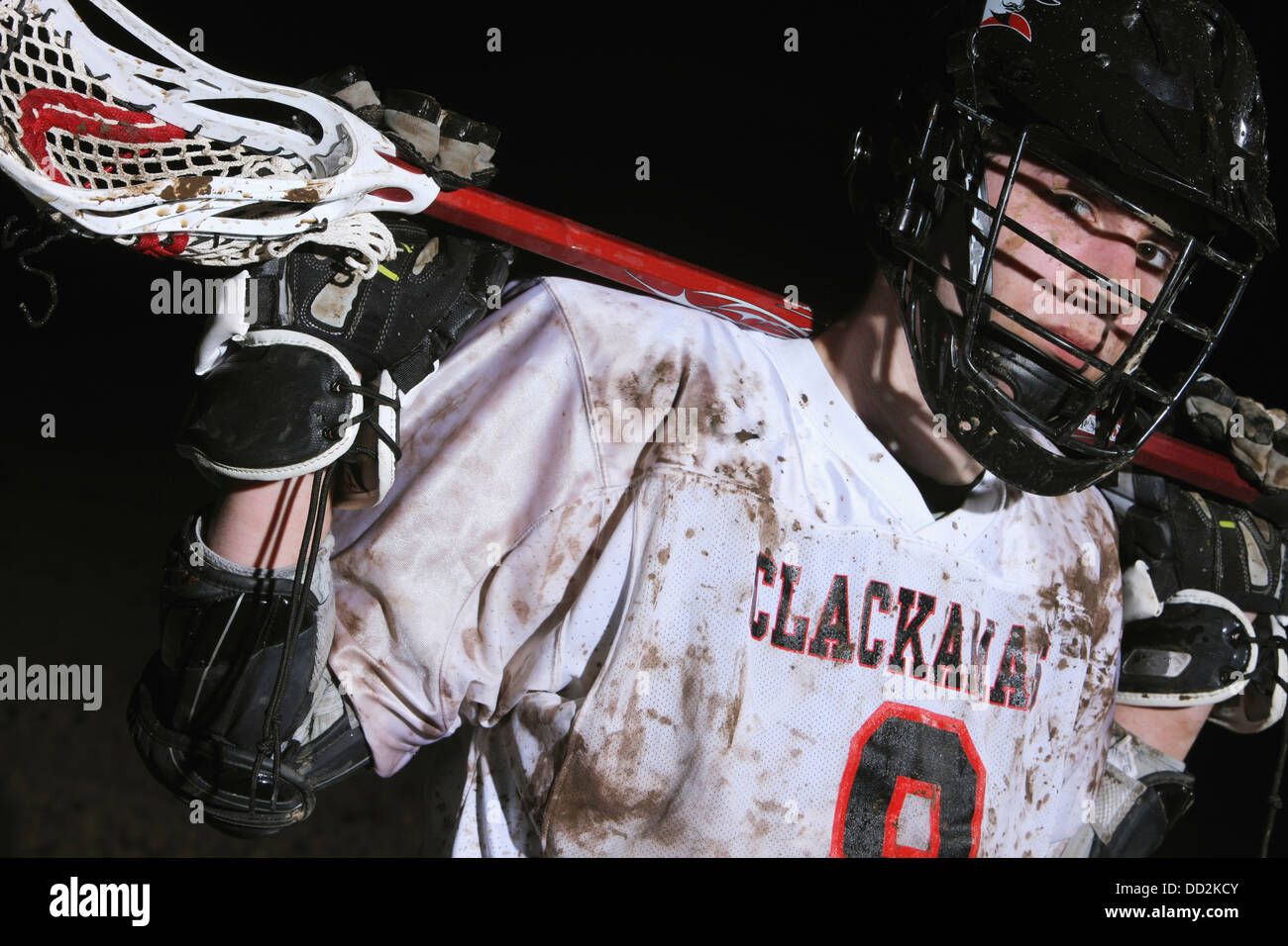 Lacrosse Player Holding Stick Behind Head; Troutdale, Oregon, United States of America Stock